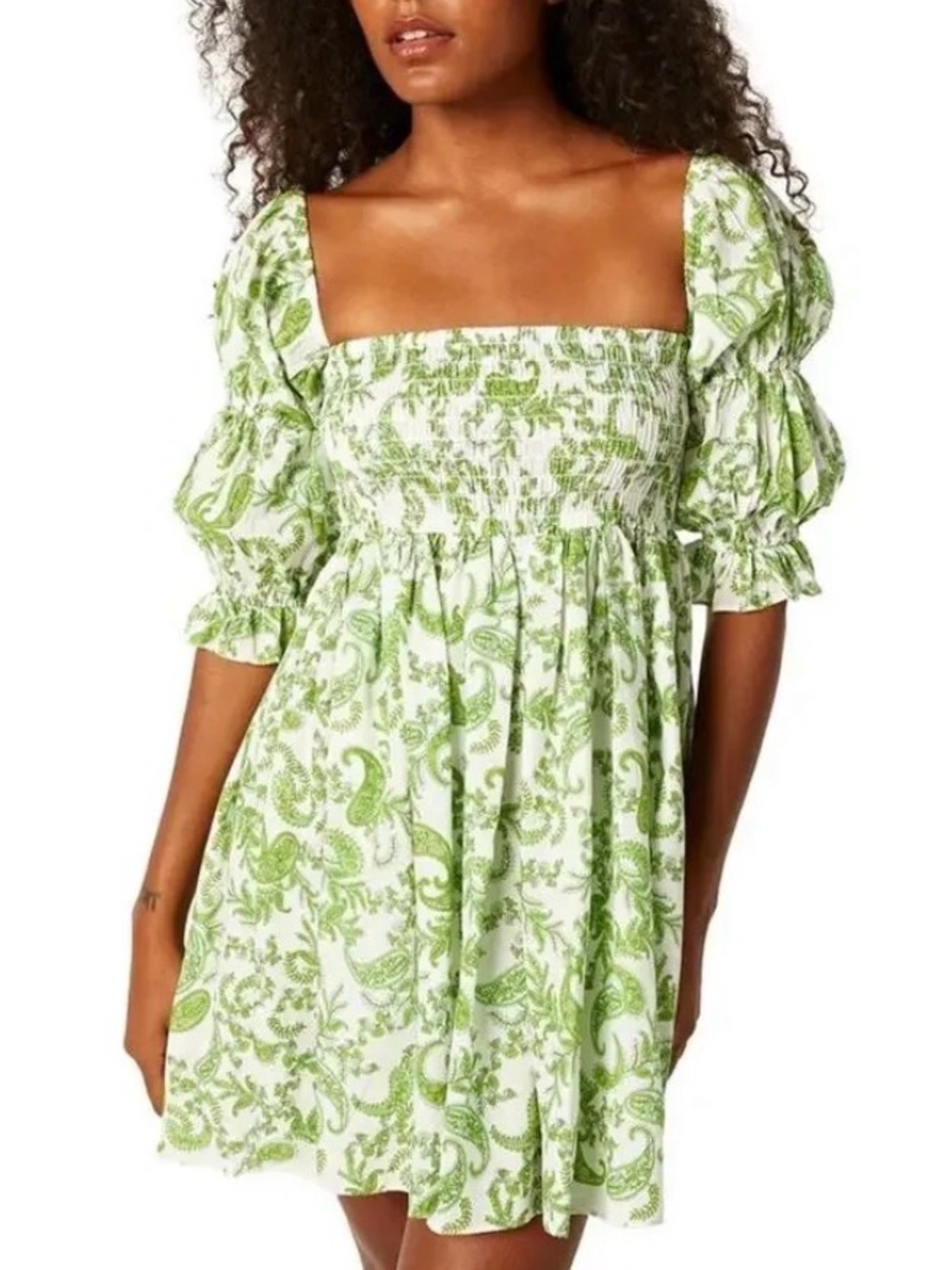 Misa Los Angeles White Mini Dress with Green Paisley Print